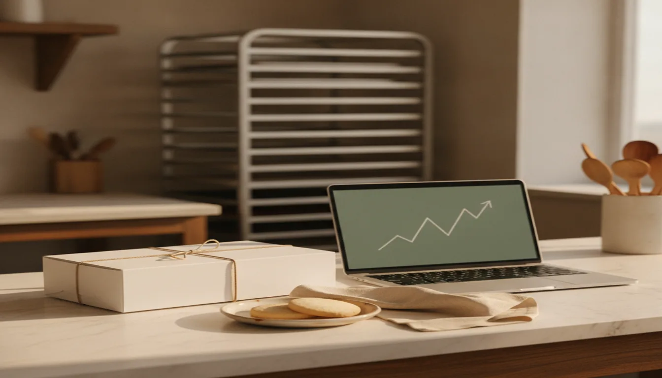 A tied white pastry box and a plate of sugar cookies on a bakery counter beside a laptop showing a rising line chart