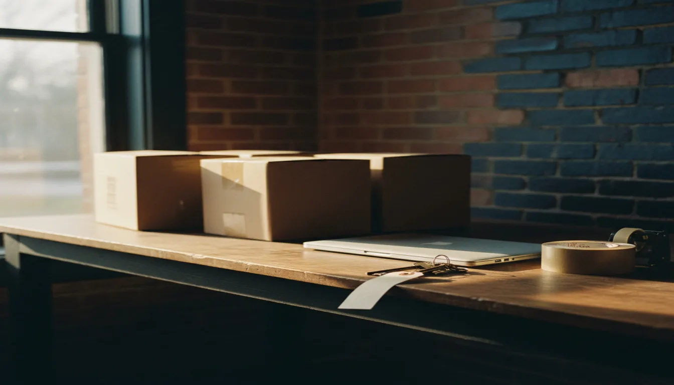 A packing counter in a brick back room with cardboard shipping cases, a closed laptop, a roll of tape and a ring of old keys with a blank tag, lit by late afternoon window light