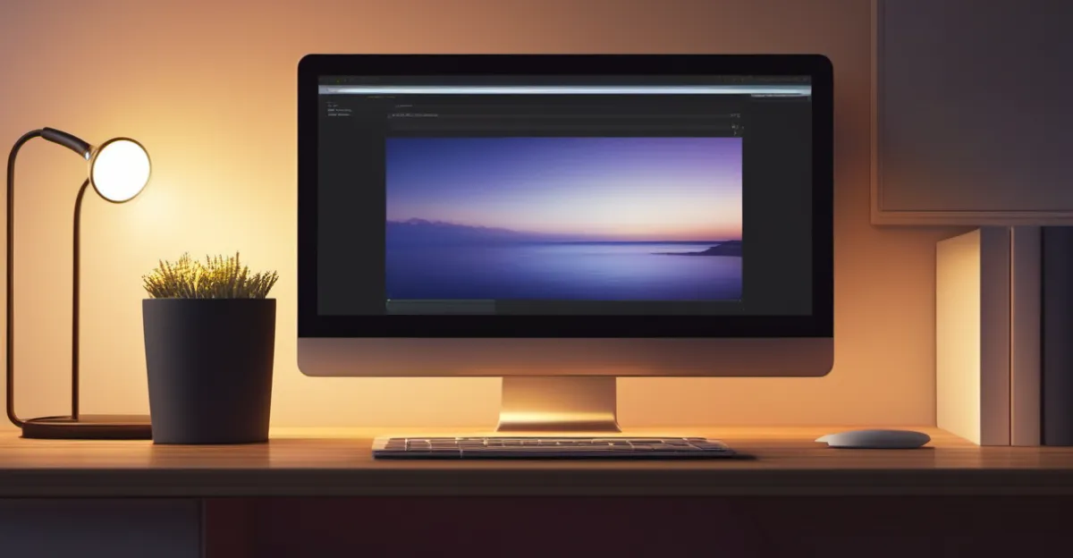 A desk lamp lighting a computer on an office desk at dusk