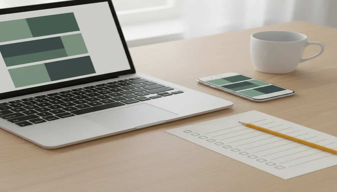 An open laptop and a phone showing an abstract website layout beside a printed checklist and a pencil on an oak desk