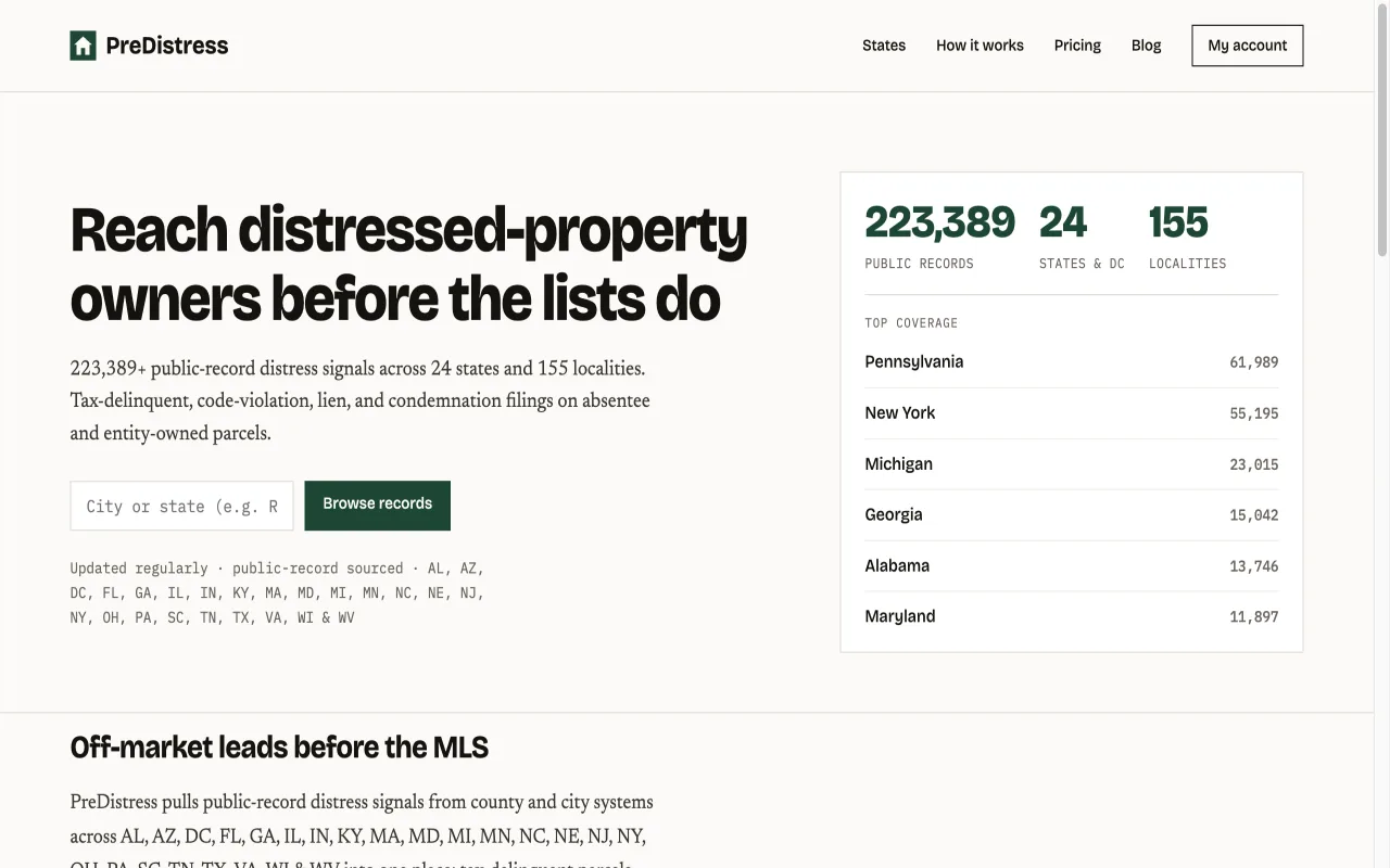 PreDistress distressed-property lead platform screenshot