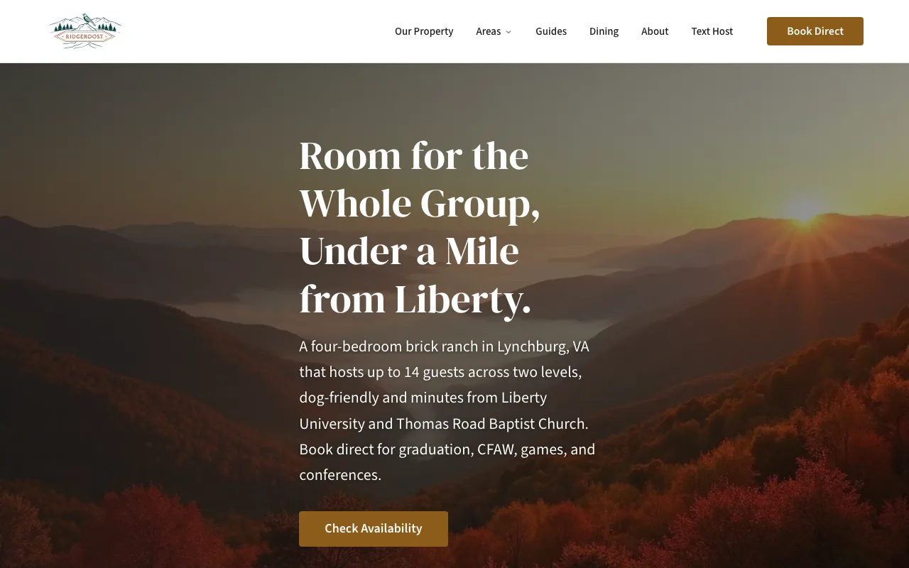 RidgeRoost vacation rentals website screenshot